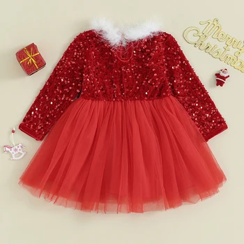 малко дете момиче Коледа костюм рокля пайети тюл пачуърк дълъг ръкав A-линия рокля с колан