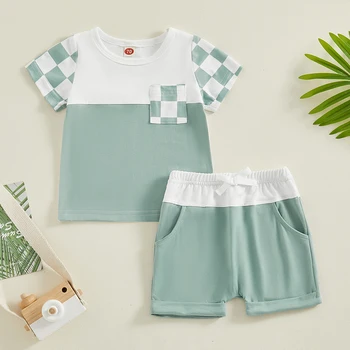 Малко дете момчета дрехи 2 парче памучни екипировки пачуърк къс ръкав тениска и еластични шорти комплект летни бебешки дрехи