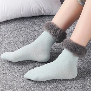 Меки чорапи за обувки за жени зимни сгъстяват топли чорапи за екипажа плътен цвят изкуствена кожа подстригване комфорт термични подови чорапи