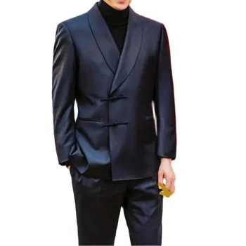 Мода Мъжки костюми Slim Fit Черен шал Ревера Еднореден сатен мъжки костюм Парти Абитуриентски Небрежен Сватбен Смокинг Комплект от 2 части 2023