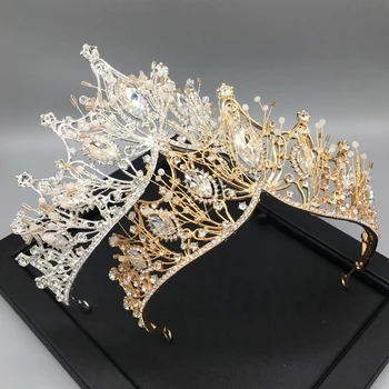 Моден барок луксозен кристал AB булчинска корона диадема светло злато цвят диадеми диадеми за жени булка сватба аксесоари за коса
