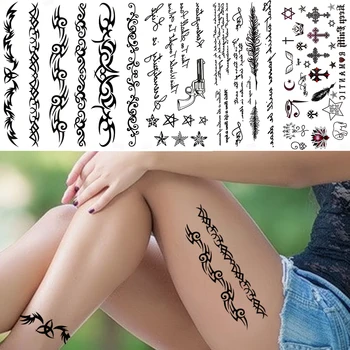 Модна звезда Временни татуировки за жени Деца Деца Мъже Възрастни Черен вдъхновен стикер за татуировка Фалшив Bramble Cross Tattos Thigh 