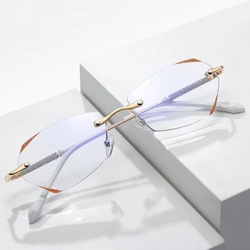 Модни компютърни очила без рамки Мъже Жени Модерен диамант нарязани оптични очила Дамски луксозни анти-сини обикновени очила