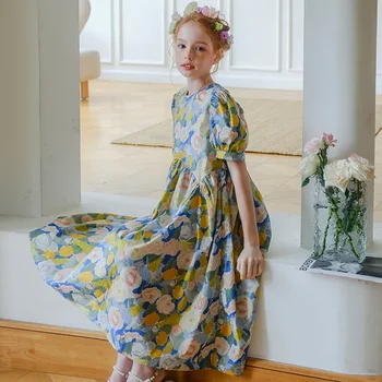 Момиче Рокли на цветя Мода Елегантен френски стил бутер ръкав флорална принцеса рокля за деца Лято 2023 Тийнейджъри Детско облекло