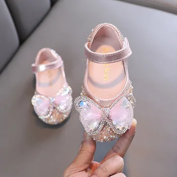 Момичета принцеса кожени обувки детска мода изпълнение танцови обувки нови детски пайети кристал лък единични обувки