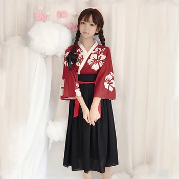 момичета японски стил ретро кимоно флорални жена парти рокля лятна мода екипировки топ лък пола Haori за жени