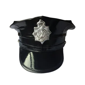 Мъже Пу САЩ полицайки плосък връх кожена шапка осмоъгълник шапка роля играе черна кожа голяма периферия униформа парти събитие шапка безплатна доставка