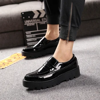 мъжка мода парти банкет обувки черна платформа обувки подхлъзване шофиране обувки тенденция лачена кожа мокасини джентълмен маратонки
