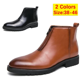Мъжка мода полирани кожени обувки размер 46 официални заострени пръсти микрофибърна кожа глезена ботуши бизнес цип високо нарязани обувки