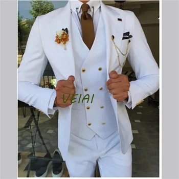 Мъжки костюм яке жилетка панталони три части бял смокинг еднореден абитуриентски блейзър тънък годни hombre костюм homme високо качество