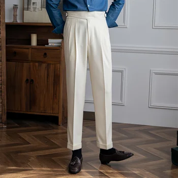 Мъжки панталони с британски дизайн с висока талия Плътен цвят гамаши Ежедневни шик костюм облекло мода нова есен 2024 панталони L18