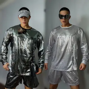 Мъжки сив сребърен комплект качулки за бъдещето Парти сцена Облекло за изпълнение Нощен клуб Бар Мъжки DJ певец GOGO Танцови костюми