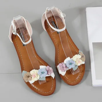 Ница сладко цвете дами плоски сандали плюс размер плаж дишаща PU кожа жени летни обувки покритие петата Calzado Mujer