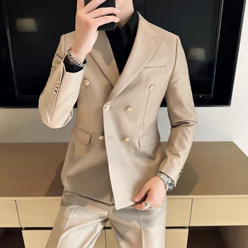 нов (Blazer + панталони) италиански стил британски корейски версия мода тънък мъжки плътен цвят свободно време метал двойна гърди 2-парче