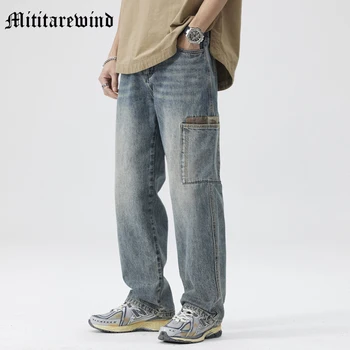 Нов американски стил товарни широки панталони за крака големи поркети дизайн мъжки деним реколта хип-хоп дънки хлабав прави младежки панталони