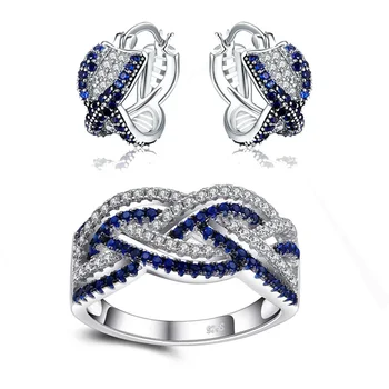 Нов комплект бижута от две части дизайн пръстен ореол бял и син камък микропавиран елегантен дамски обеци годишнина 