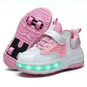 Нов розов USB зареждане мода момичета момчета LED светлина ролкови скейт обувки за деца деца маратонки с колела четири колела