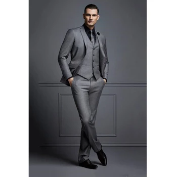 Нов сив мъжки костюм младоженец костюм 3 парчета евтини официални мъжки костюми сватба най-добрите мъже тънък годни младоженец смокинги (яке + жилетка + панталони)terno