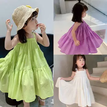Нова лятна бебешка момичешка ежедневна рокля с каишка Рокля за момичета в плътен цвят Бебешка рокля с буфан Сладка принцеса рокля на 2-8 години