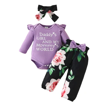 Новородено бебе момиче бодита костюм дълъг ръкав Onesies и печатни панталони с лъкове лента за глава 3 парче комплект бебе облекло 0-18 месеца