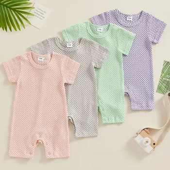 Новородено бебе момичета момчета къс гащеризон летни дрехи карирана къс ръкав гащеризони за деца бебешки дрехи