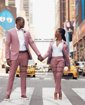 Официални розови мъжки абитуриентски блейзъри Peaked Lapel Мъже и жени костюми 2 броя комплекти младоженец сватба смокинги тънък годни Terno Masculino