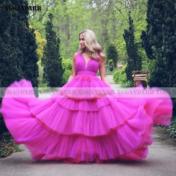 Очарователна розова абитуриентска рокля A-Line 2023 тюл плисе диференцирана дълга пола лилаво без ръкави вечерна рокля почистване влак или по поръчка