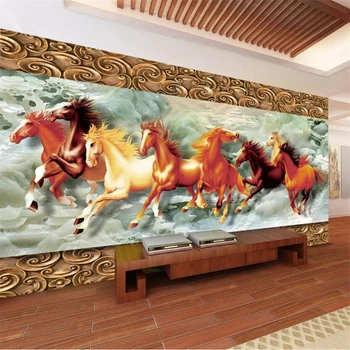 Персонализиран тапет 3d стенописи дърворезба осем коня класически стил фон тапети домашен декор papier peint 3d тапети
