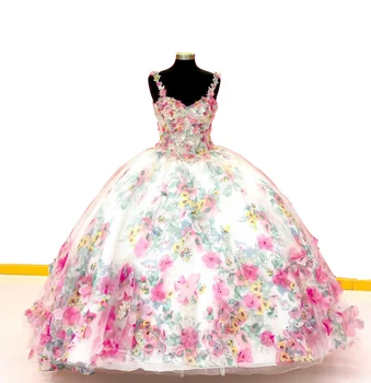 Персонализиран цветен печат 3D цветя Quinceanera рокля сладко деколте с презрамки реколта топка рокля