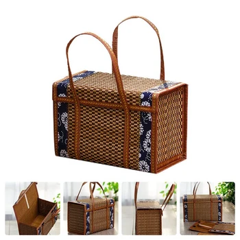 Пикник тъкани кошница ракита съхранение чанта дръжка сгънати плодове пазаруване храна дръжка ратан трева сгъваема бамбукова кошница