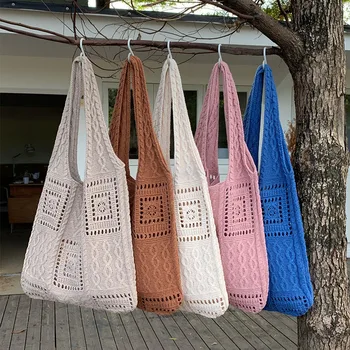 Плетена чанта ретро издълбана ръчно тъкана чанта Единична чанта за рамо Вълнена чанта Дамска чанта за пазаруване