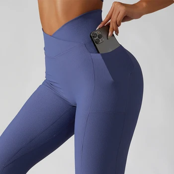 Плътен цвят оребрени йога панталони жени джобове кросоувър висока талия фитнес гамаши секси задника LIft тренировка бягане чорапогащи