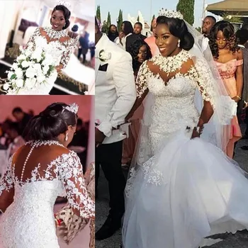 Плюс размер африкански русалка сватбени рокли 2024 илюзия дълъг ръкав дантела апликация високо врата рокля vestidos de novia