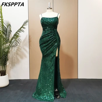 Плюс размер зелена вечерна рокля лъскава пайети русалка дълги абитуриентски рокли високо сплит спагети презрамки секси жени парти рокли