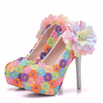 Помпи Жени Офис кръг Toe цвете приплъзване PU 14CM тънки токчета рокля сандали японски стил парти обувки жена седем цвята