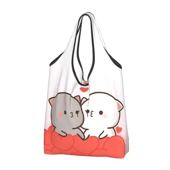 Праскова и Goma любов чанта за хранителни стоки трайни големи за многократна употреба рециклиране сгъваеми тежкотоварни Mocha Mochi котка пазаруване еко чанта миещи се