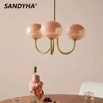 Прост творчески крем стил полилеи розов стъкло топка висулка светлина вътрешен Led лампа за хол трапезария спалня дома декор