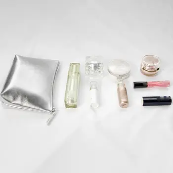 Проста мода преносима PU кожа сребърен грим чанта цип корейски стил козметична чанта черупка сребърен цвят правоъгълник чанта