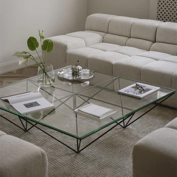 Проста модерна геометрична маса за чай закалено стъкло квадратна маса за чай масичка за кафе индустриален стил