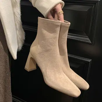 Размер 34-42 Квадратен Toe Flock + естествена кожа обувки на висок ток Дамски ботуши Есен Зима Модно парти Сватбени обувки Боти до глезена