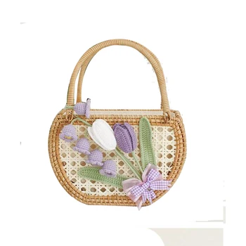 Ратанова чанта за жени Тъкани цветни портмонета и чанти Лятна куха сламена чанта 2023 Мода празник малка плажна чанта