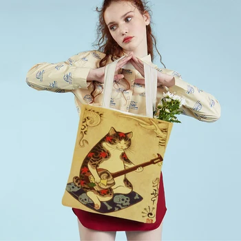 Реколта японски самурай котка татуировка пътуване голяма пазарска чанта ретро животно за многократна употреба и двете едностранно случайни платно жени пазарска чанта