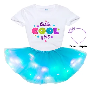 рожден ден Персонализиран светещ костюм за пола 2024 Летни детски момичета Персонализирана тениска за печат + Glow Пайети Поли Рокля Облекло Комплект дрехи