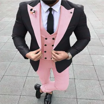 Розови ежедневни мъжки костюми с черно яке 3 части сватбени шафери смокинг нов мъжки моден костюм двуреден жилетка панталони