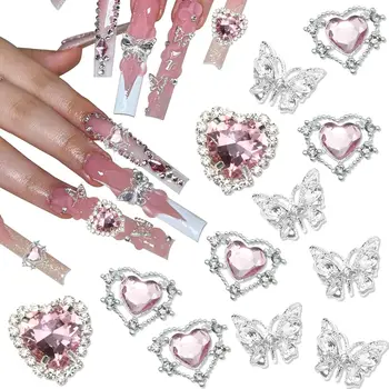 Розово сърце нокти изкуство чар 3D сребърна сплав пеперуда форма нокти кристали Свети Валентин маникюр DIY занаяти дизайн декорация