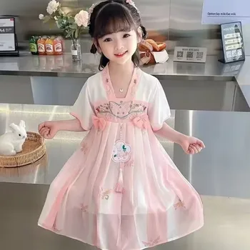 Рокля за бебета момичета Лятно облекло Нов китайски стил Древна ханфу детска рокля с къс ръкав