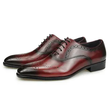 Рокля обувки за мъжка естествена кожа бизнес brogues черно & вино червени обувки елегантен високо качество удобно