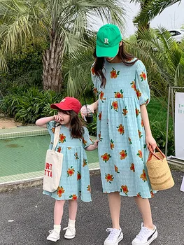 Рокля родител-дете Лятна рокля на майка и дъщеря Нова рокля Малко момиче Свежа принцеса рокля момиче Корейска памучна рокля Лято