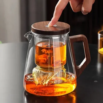 С едно кликване чай разделяне филтриране стъклени чайници с дървена дръжка чай вода разделяне вътрешен контейнер чайник чайник кунгфу чай комплект