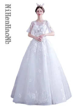 Сватбена рокля с къс ръкав 2023 Луксозна сватбена рокля с кръгло деколте Vestidos de Novia
